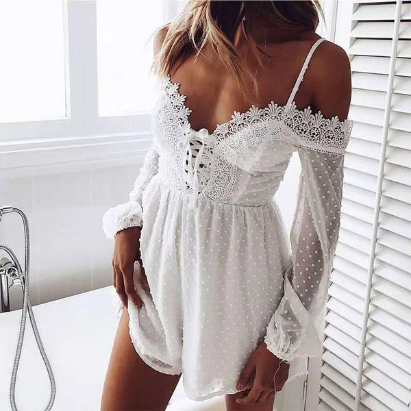 

off shoulder lace up playsuits women rompers appliques long lantern sleeve v neck fringed romper woman high waist summer playsuit, Black;white
