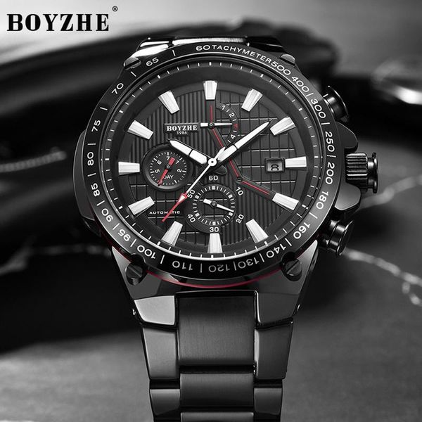 

watches men fashion dress automatic mechanical watch stainless steel strap calendar black dial waterproof male wristwatch wristwatches, Slivery;brown