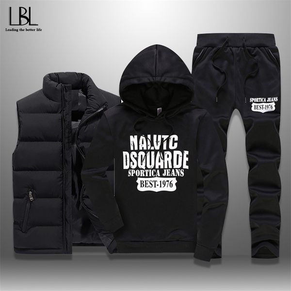 

men's winter tracksuits casual sportswear sweatshirts mens set 3 pieces warm vest sweatpants hoodie letter printed plus size 5xl 210924, Gray