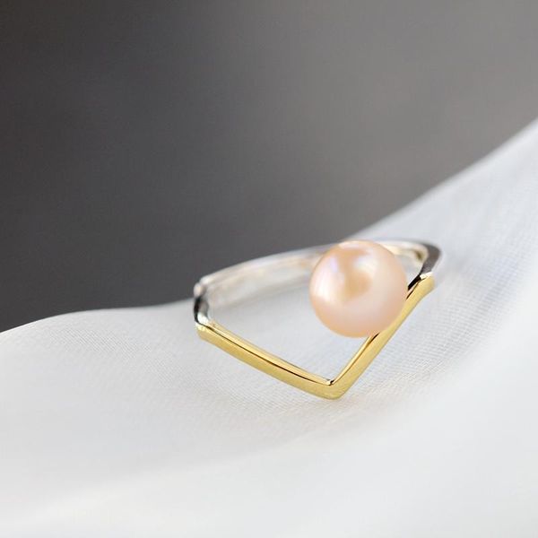 

cluster rings authentic 925 sterling silver fashion lady 7mm natural freshwater pearl v shape opening adjustable ring jewelry gift, Golden;silver