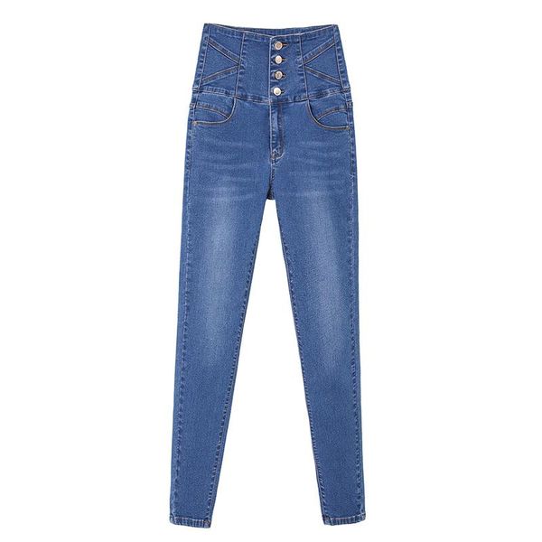 

spring super high waist large size elastic thin feet trousers women's jeans, Blue