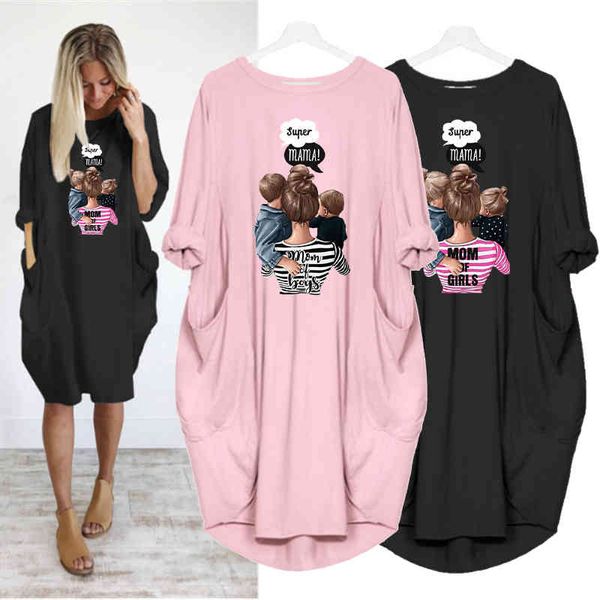 

size women's midi plus dress long sleeve dresses super mama print o neck loose pocket casual vintage vestidos robe femme spring, Black;gray