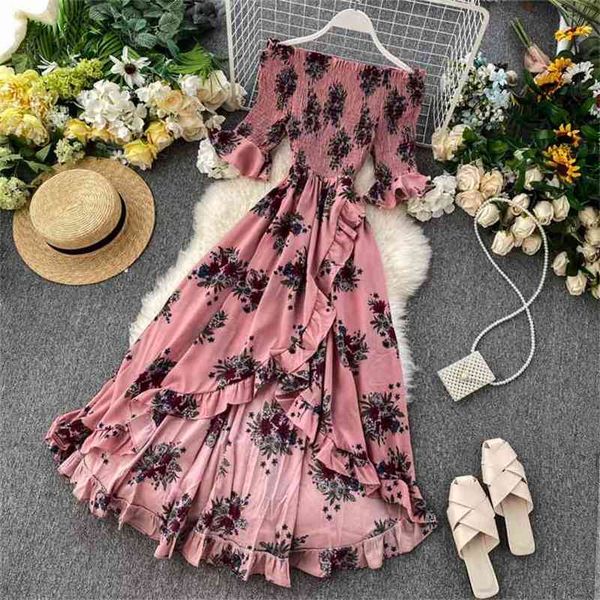 Mulheres Praia Vestido Moda Verão Sexy Off Ombro Ruffles Vestidos Senhoras Elegante Floral Impresso Promes Vestidos Vestidos Mujer 210525