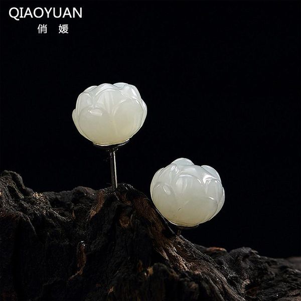 

stud jade earrings 925 silver wedding small women's lotus retro sterling jewelry chain gemstone searings unusual, Golden;silver