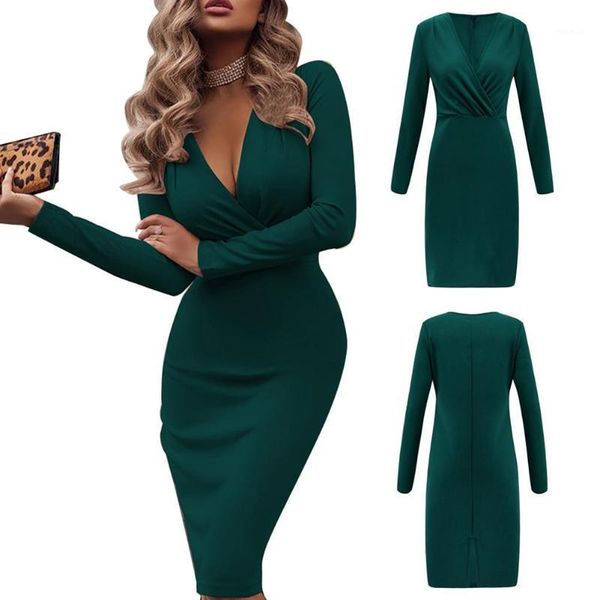 

elegant dresses for women dress autumn long sleeve deep v neck pleated bodycon mid-calf party casual, Black;gray