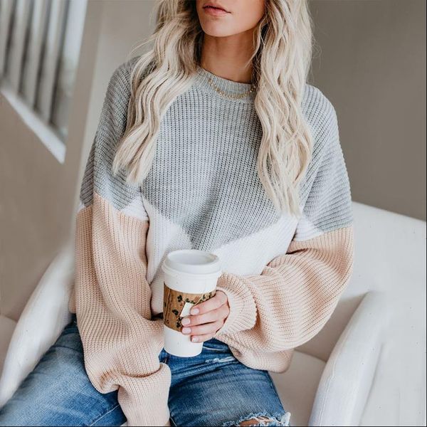 

oversized loose knitting pullovers women sweaters round neck patchwork lantern sleeve jumpers winter, White;black