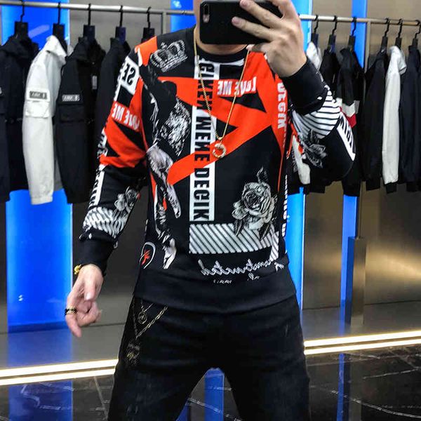 

hoodies autumn handsome guy long-sleeve nightgown around his neck several letters digital fashion impression thin youth, Black