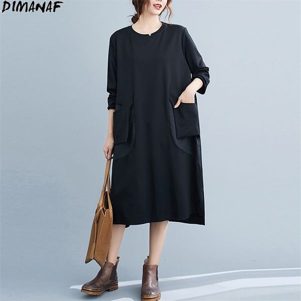 

plus size women dress cotton long autumn solid patchwork pockets winter oversize female loose casual black dresses 210531, Black;gray