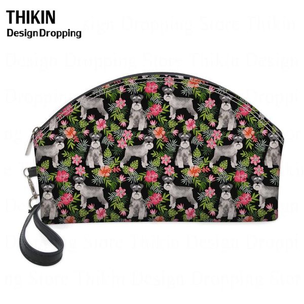 

schnauzer floral printing women round make up bag for hanging pu leather cosmetic cases with zipper travel beauty pouch bags &