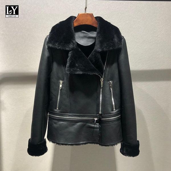 

women's leather & faux ly varey lin winter women motorcycle zipper hem detachable outerwear thicken lamb fur jackets sheepskin coats, Black
