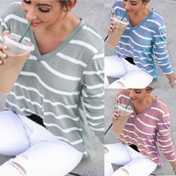 

women's blouses & shirts women long sleeve casual striped v-neck pullover blouse haut dentelle femme womens 2021, White