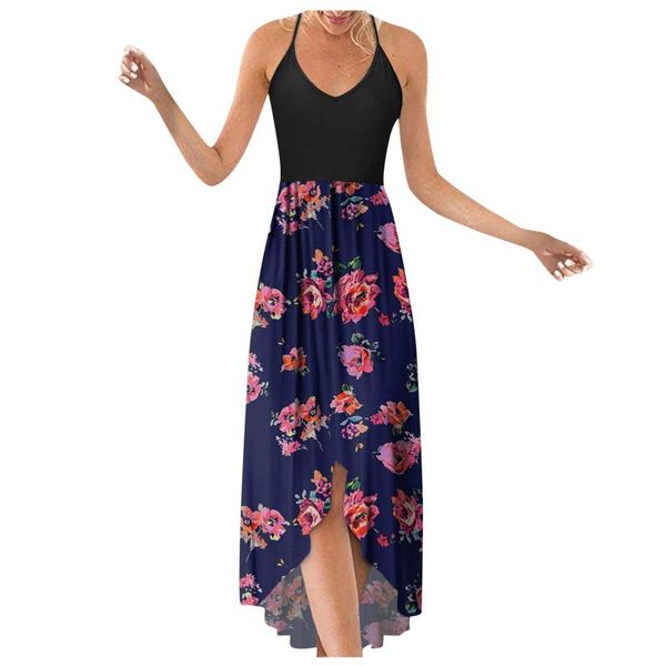 

casual dresses 40# floral printed vintage dress 2021 spagetti strap high waist printing slender loose ankle length summer, Black;gray