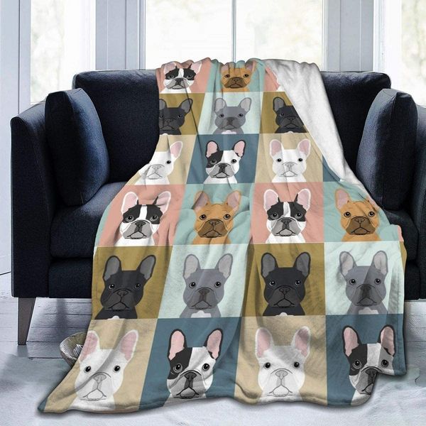 Coperta stampata in pile ultra morbido con cane Bulldog francese, coperta in peluche di velluto di flanella, arredamento per divano per uso domestico di alta qualità