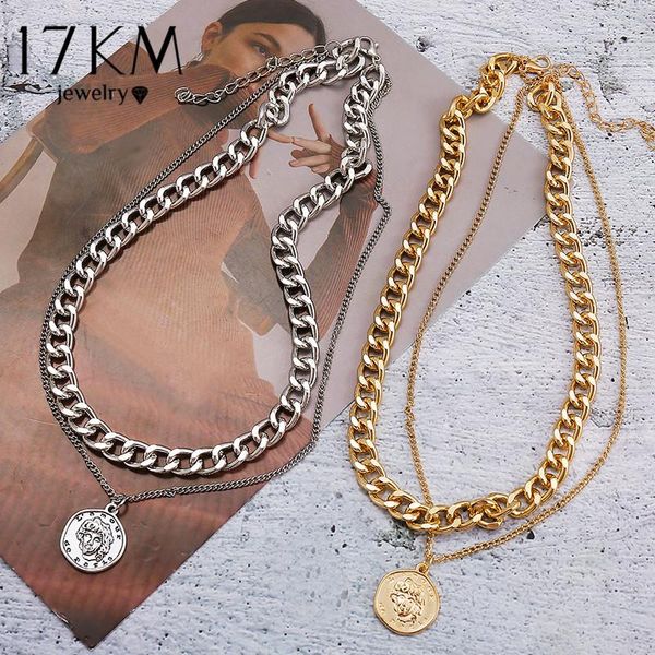 

chains 17km vintage multi-layer coin chain choker necklace for women gold silver color fashion portrait chunky necklaces jewelry