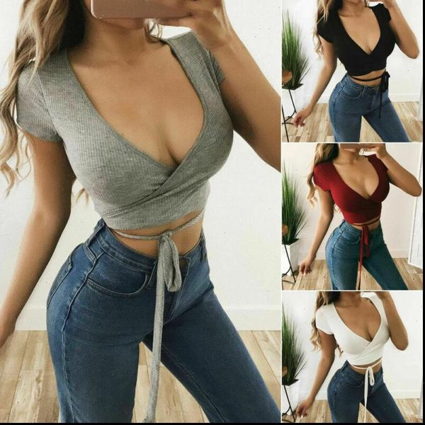 

short sleeve solid women camis color bandage slim fit deep v neck crop lace up t shirts, White