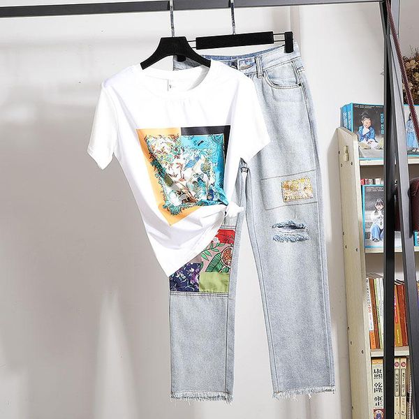 

print cotton short sleeve t-shirt holes pencil denim pants two piece outfits women 2pc casual white tee shirt jeans set female women's
