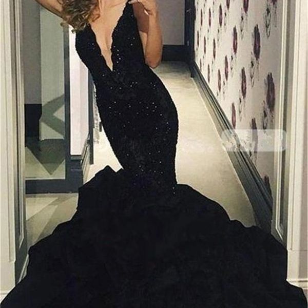 

deep plunging v neck black mermaid prom dresses beads lace celebrity party dress evening wear, White;black
