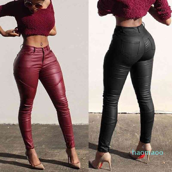 

women's pants & capris women ladies leather skinny mid waist leggings stretchy pencil solid pu long pant trousers e3, Black;white