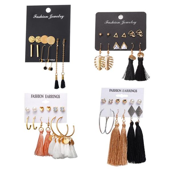 

pairs/set mixed bar black tassel hammered disc round stud earrings set for women girls fashion long jewelry, Golden;silver