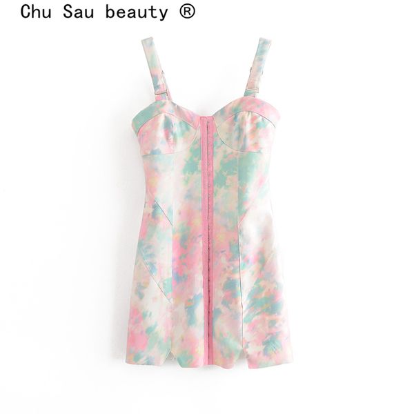 Chu sau beleza moda casual chique colorido impressão sling mini vestido mulheres sexy profundo pescoço v-pescoço verão senhoras vestidos 210508