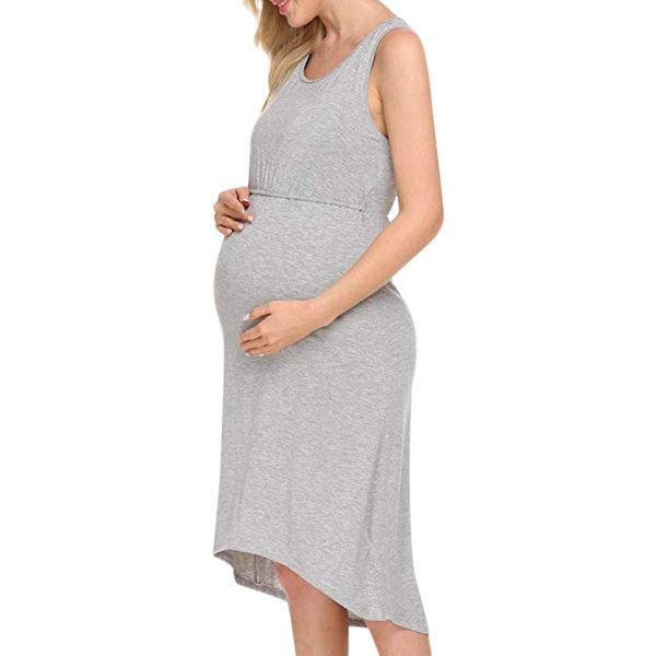 

maternity dresses sagace pregnant dress solid o-neck sleeveless breastfeeding casual daily women nursing, White