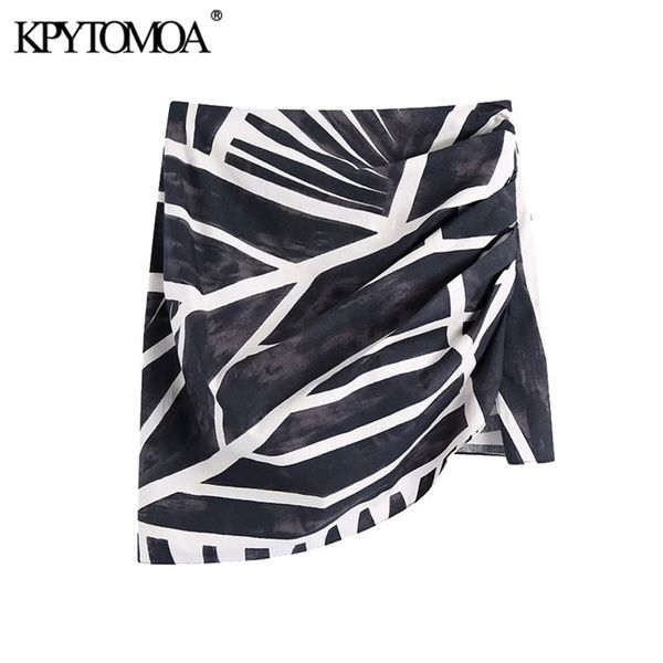 KPytomoa mulheres chique moda impressa asmetria drapeada mini saia vintage cintura alta zíper saias femininas mujer 210619
