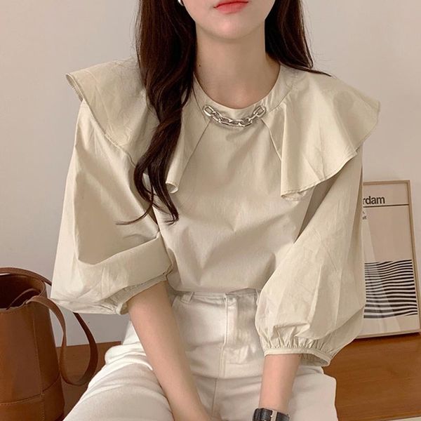 

white emperament lotus leaf collar metal chain decoration design loose all-match puff sleeve shirt fashion summer 16f0857 210510