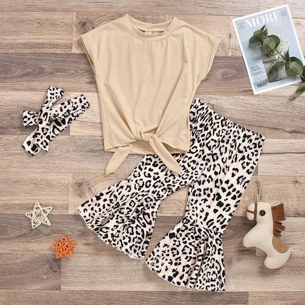 

clothing sets spring summer kids girls wide-shoulder sleeveless solid + leopard flared pants trouser 3pcs children outfit set, White