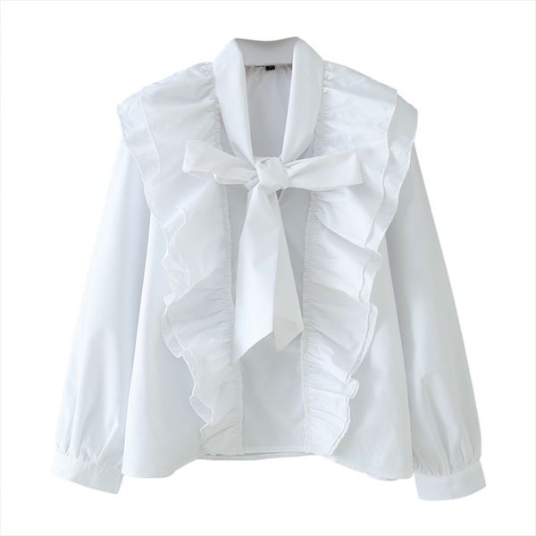 

summer 100% polyester v-neck long loose classic white solid bow pullover casual women shirt 210524