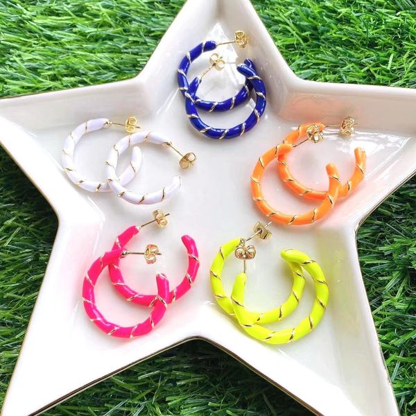 

5pairs neon big round earrings women,colorful enamel jewelry fashion 2021,whole cuff earring, Golden