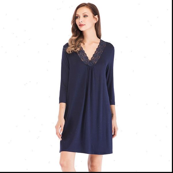 

nightgowns casual nightwear solid three women sleepwear quarter sleeves nightshirts v neck lace loose female chemise dress home, Black;red