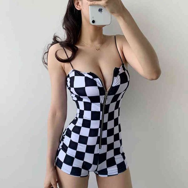

women's jumpsuits & rompers off shoulder sleeveless zipper suspender bodysuit women's black and white check slim one neck nig, Black;white