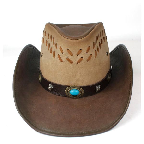 

cloches 100% leather men women western cowboy hat wide brim outdoor sombrero hombre jazz, Blue;gray