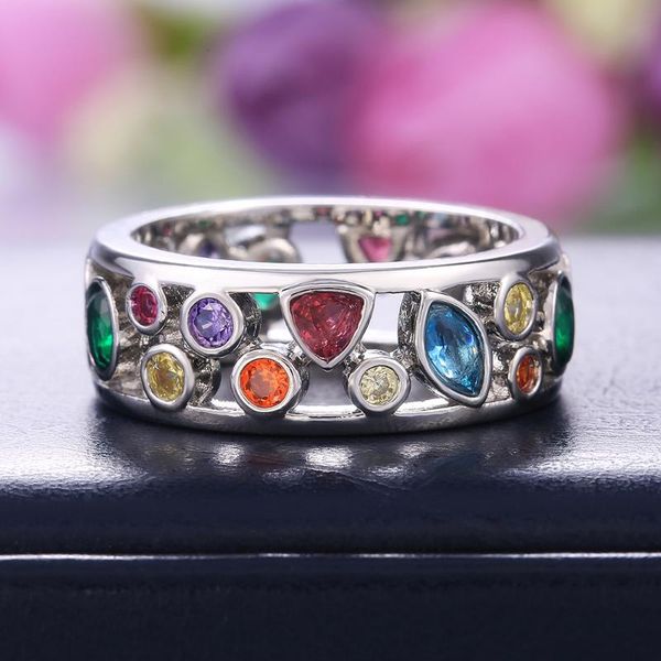 

fashion hollow out colorful zircon women rings round charm irregular stone pave wedding bands for girls engagement gift cluster, Golden;silver