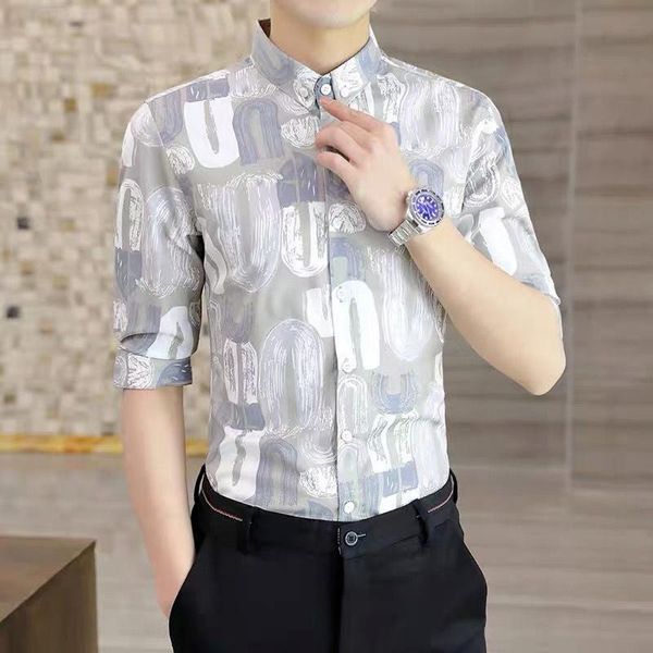 

men's casual shirts men's shirt five-quarter sleeve printed letter lapel button longsleeve for men mens up short, White;black