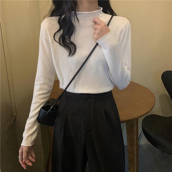 

women's sweaters early autumn atmosphere with thin wear inside 2021 lazy white half high collar knitted bottomed blouse, White;black