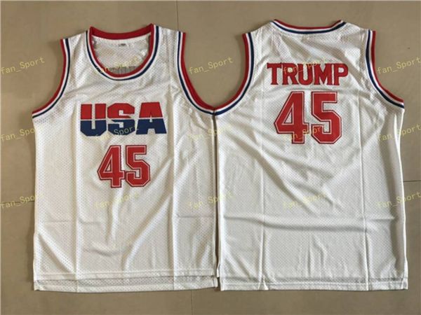 Mens 45 Donald Trump Filme Basquete Jersey EUA Dream Team Uma Moda 100% Costurado Basquete Camisas Branco Drop Ship