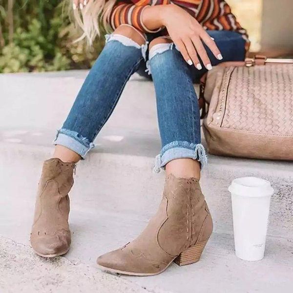 

boots oversized spring 2021 side zipper suede pointed thick heel mid, Black