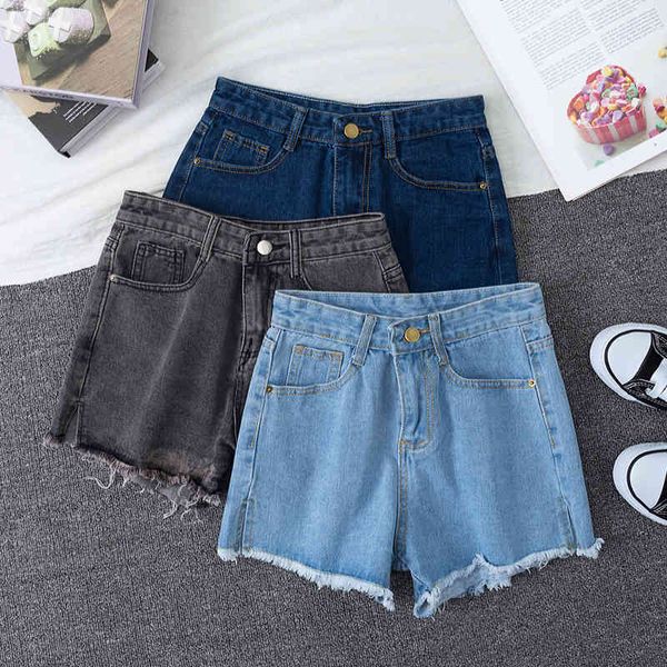 

s-2xl denim shorts female vintage ripped students loose wide leg burrs high waist thin side split shorts women 210416, White;black