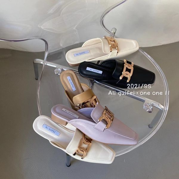

slippers fashion women square toe metal chain shallow slip on mules shoes solid color elegant slides flats heeled 62w9, Black