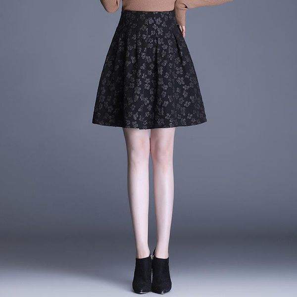 

skirts women vintage elegant zipper high waist loose black jacquard a-line skirt spring autumn office lady fashion casual 1182