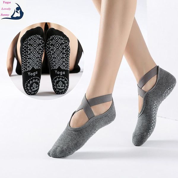 

women anti-slip yoga socks ballte girls non slip round head stretch cross strap lady indoor fitness floor sports, Black
