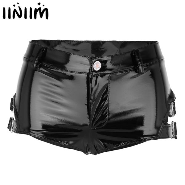 Black Womens Brilhante Couro Calças Curtas Baixa Rasga Dança Dança Látex Shorts Clubwear Rave Sexy Calcinha Zipper Mini Monty 210714