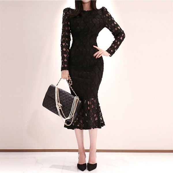 

dress autumn and winter ladies fashion temperament women's slim slimming bag hip lace fishtail 210416, Black;gray