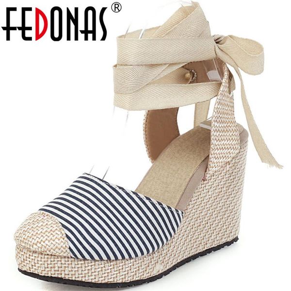 

sandals fedonas color mixing women wedges heels summer denim leather cross-tied party working arrival round toe shoes woman, Black