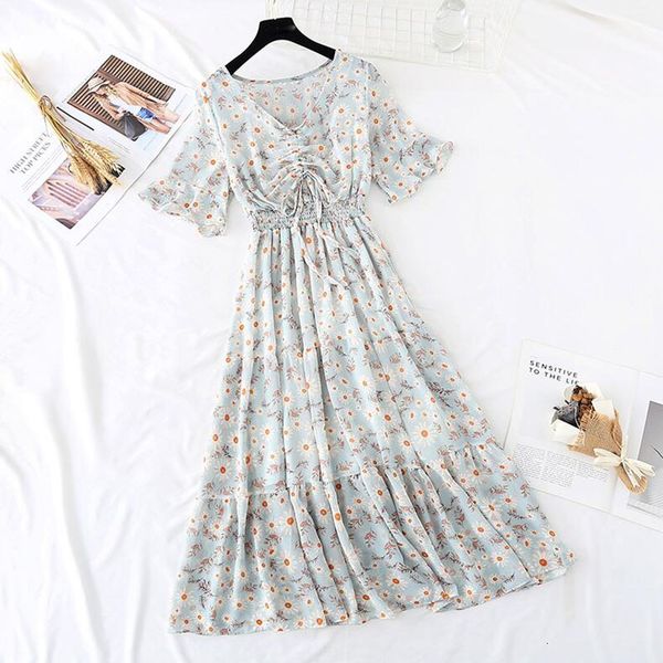 

dresses summer chiffon long women elegant v-neck print floral es elastic waist slim sweet ruffles vestido, Black;gray