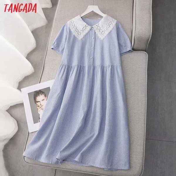 

tangada summer women lace collar patchwork blue striped cotton dress short sleeve loose dress vestidos ze04 210609, Black;gray