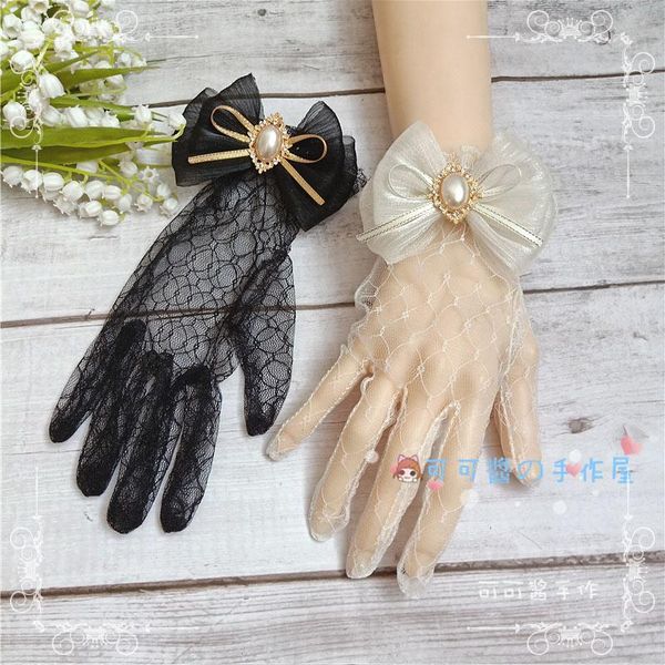 

five fingers gloves japanese soft girl original lolita flower tea party gorgeous elegant summer lace womens mittens, Blue;gray