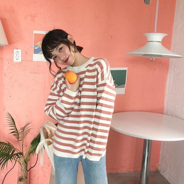 

Women's Sweaters TripleLeaf Korean style wild college wind round neck striped sweater mid-length base 2CX6, White;black