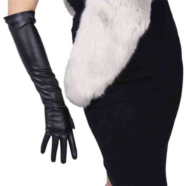 Сексуальный леопардовый сенсорный экран перчатки зимних женщин PU черный 50см длинный симулятор кожа тонкий полный палец теплое вождение варежки K52
